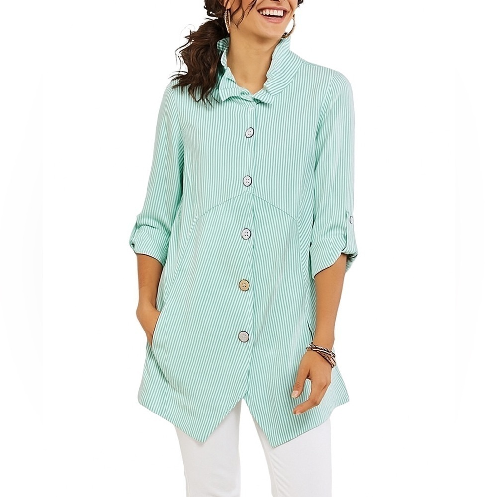 SOFT SURROUNDINGS Sasha Stripe‎ Button Down Tunic Top 2CG83